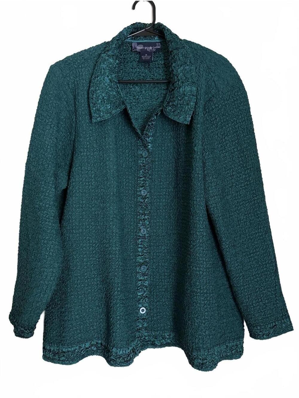 Susan Graver Women's Blouse Size 1X Jade Button Down Crinkled Office Party